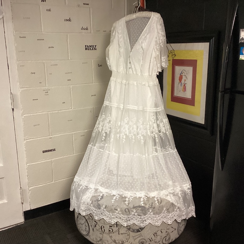 Summer white dress whimsical see thru MUST SEE PRARIE STYLE.  WEDDING ? PROM.🌹
